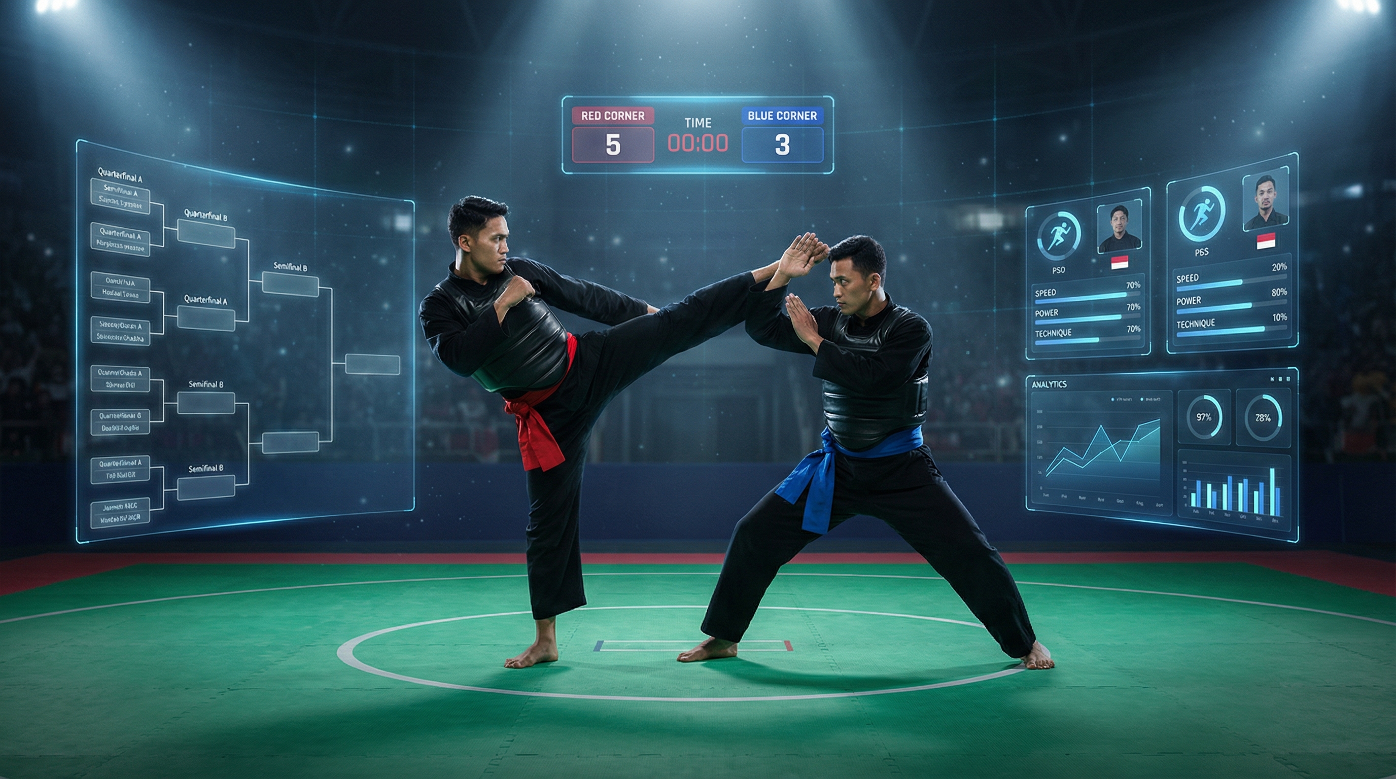 Dua pesilat sedang berhadapan di arena pertandingan dengan pencahayaan dramatis