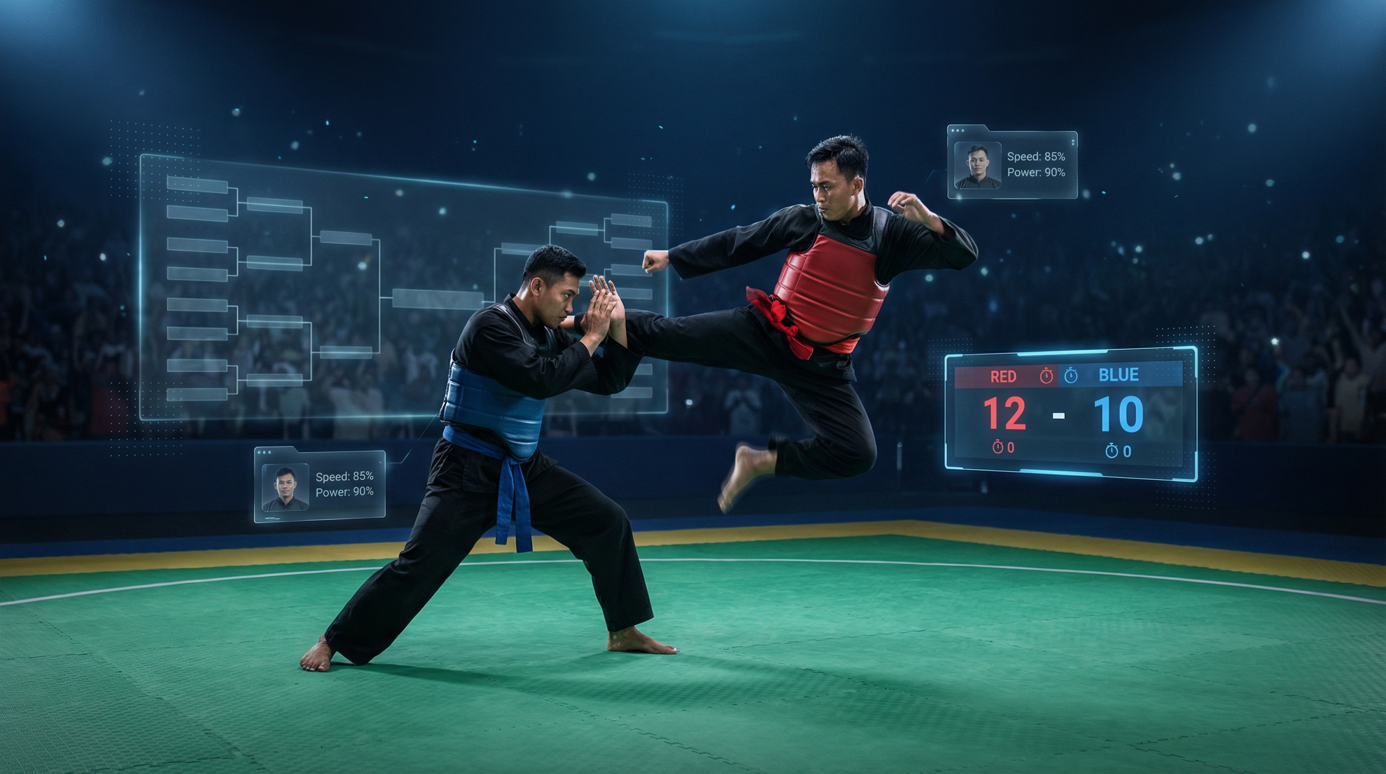 Seorang pesilat melakukan kuda-kuda dengan latar belakang artistik yang merepresentasikan misi Jago Silat